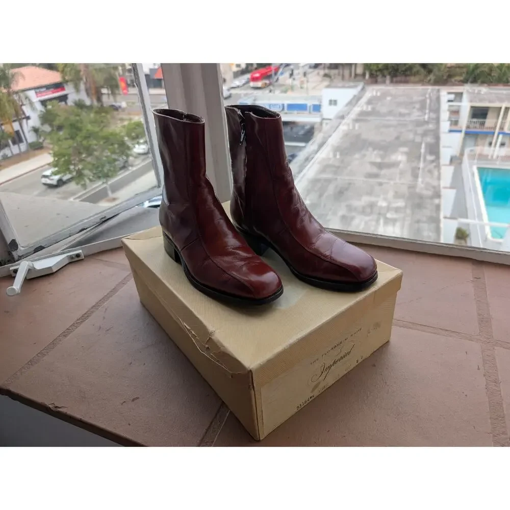 Vintage Florsheim Men's Leather Imperial Cognac Brown 5D Zip Ankle Boots w/box